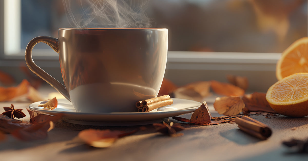 Close-up van een kop herfstthee met kaneel, sinaasappel en appelstukjes op een rustieke houten tafel, herfstbladeren eromheen, warme sfeer.
