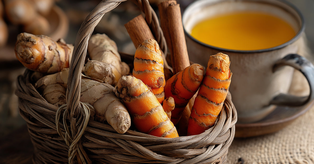 Verse kurkuma wortel met gember, kaneel en zwarte peper op houten oppervlak voor het maken van kurkuma thee