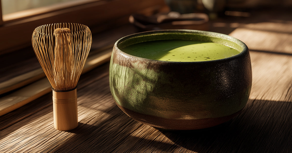 "Japanse matcha thee opstelling met bamboe klopper in zonlicht