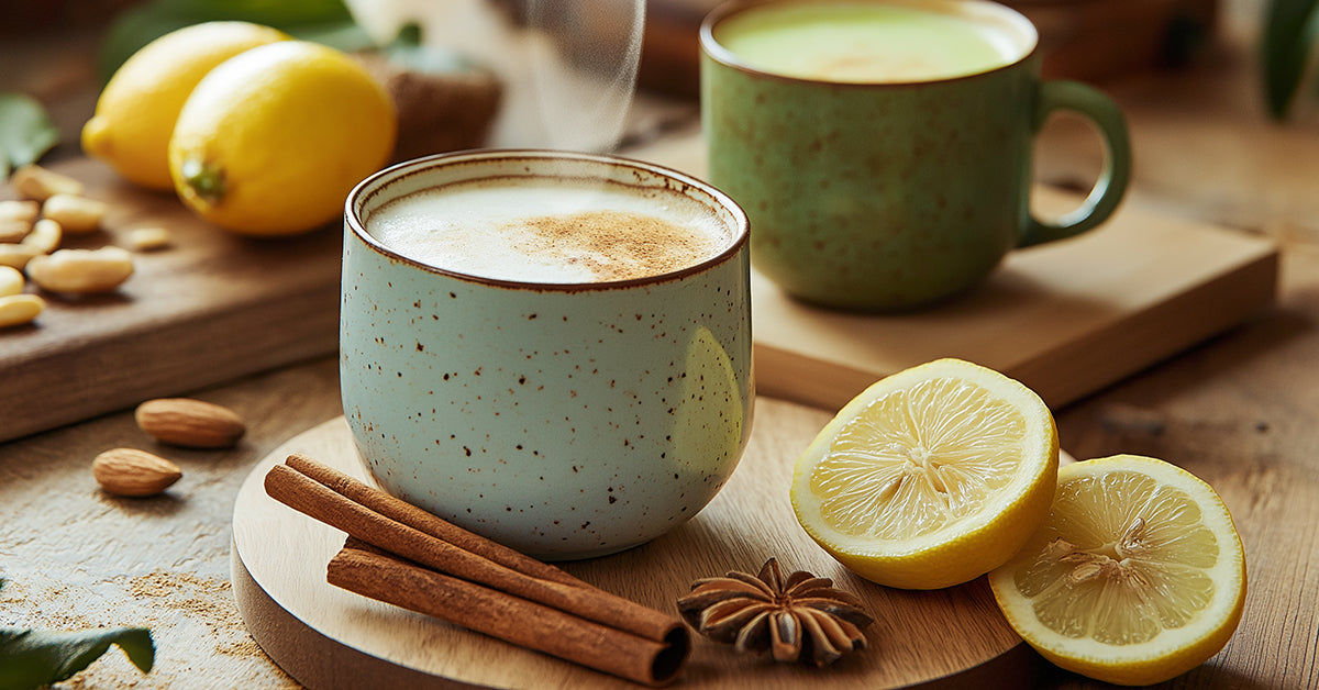 gezonde ochtendthee: matcha latte, kurkuma latte, witte thee en gember-citroen thee op een houten tafel, frisse en gezellige wellness uitstraling.