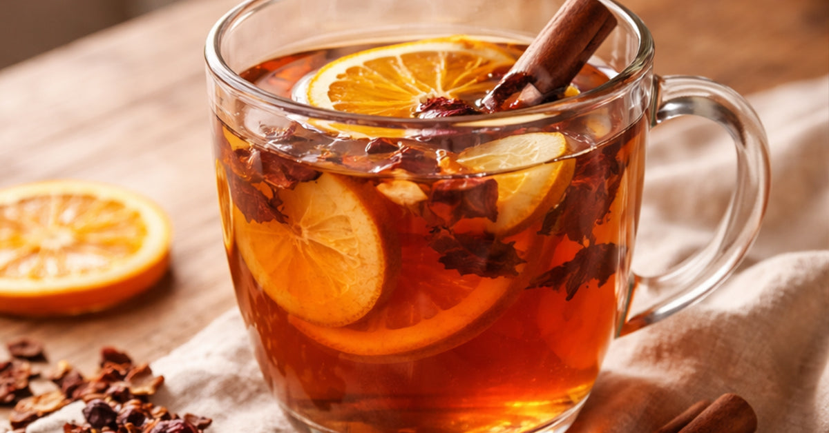 Glas warme vruchtenthee met sinaasappel, kaneel en hibiscus op houten tafel met zachte damp en warme lichtinval