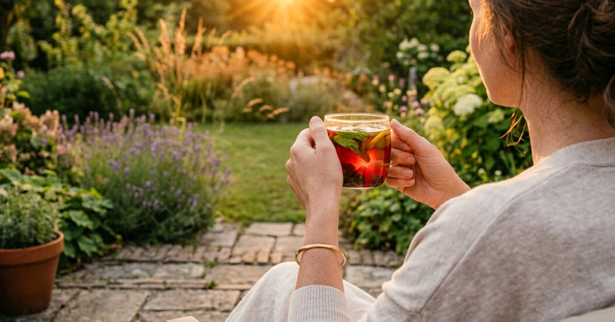 warme zomerthee tijdens een ontspannen zomeravond in de tuin