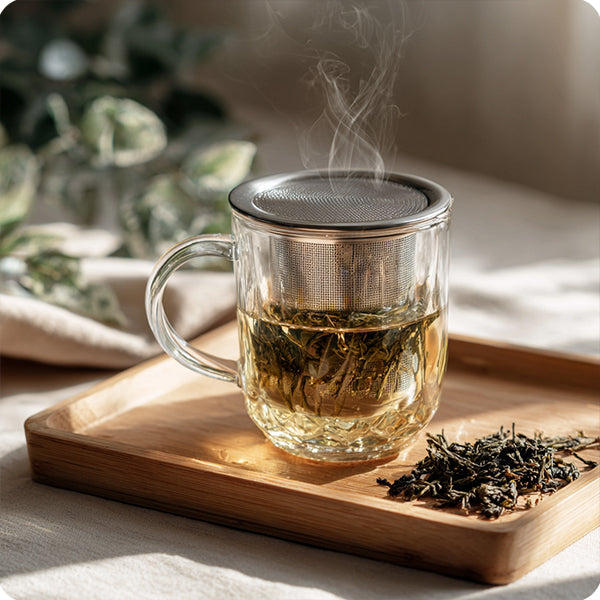 Groene natuurlijke thee in glazen theekop met theefilter en losse thee