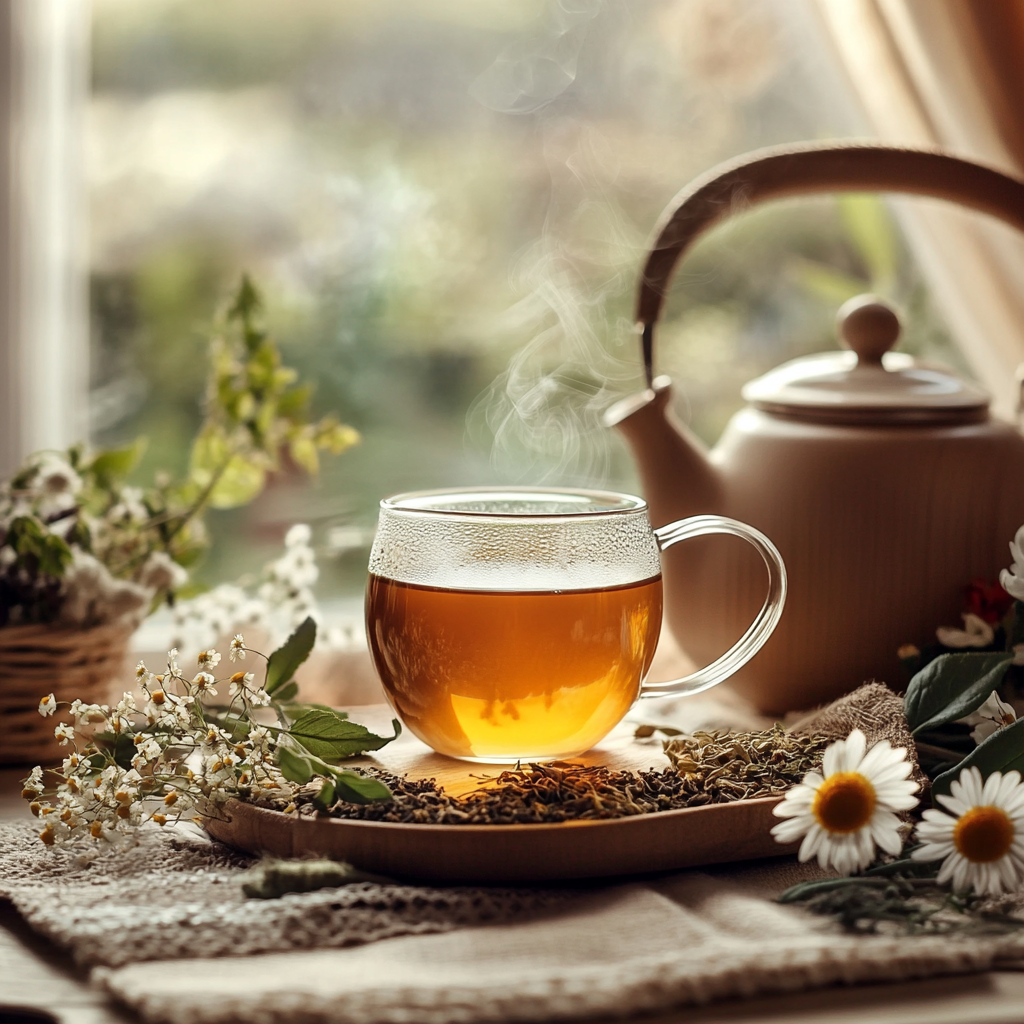 cafeïne vrije thee setting voor het raam